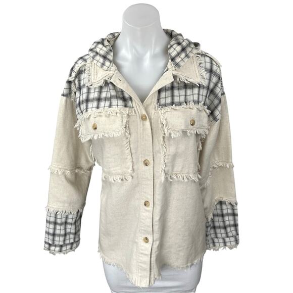 Dance & Marvel White Cream Linen Plaid Checkered Fringe Hooded Coat Jacket S - Picture 1 of 5